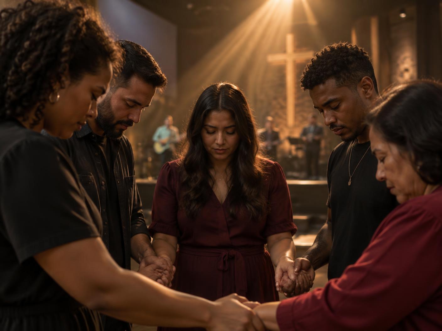 Pessoas reunidas em oração na igreja